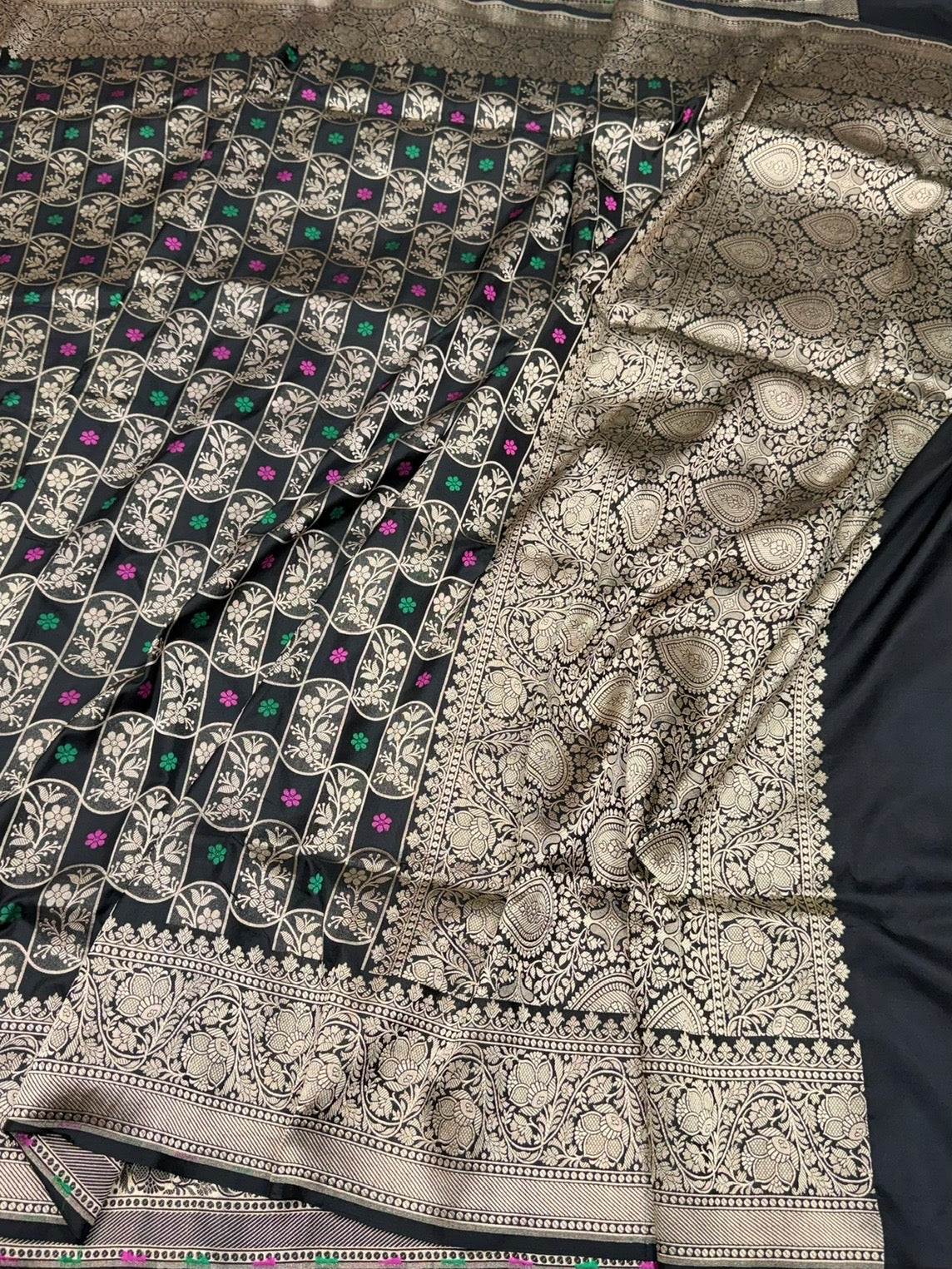 Black Banarasi Minakari Pure Katan Silk Saree | Pure Silk | Minakari Work | Cutwork Technique | Banarasi Katan Silk Saree