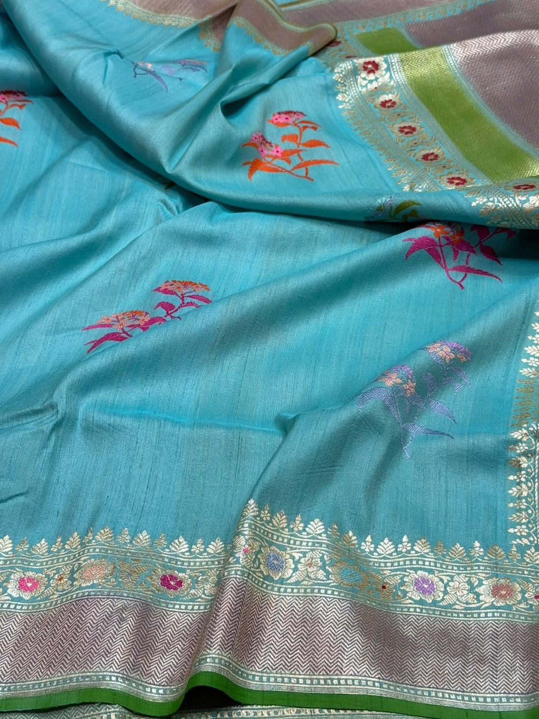 Sky Blue Handwoven Pure Tussar Georgette Saree
