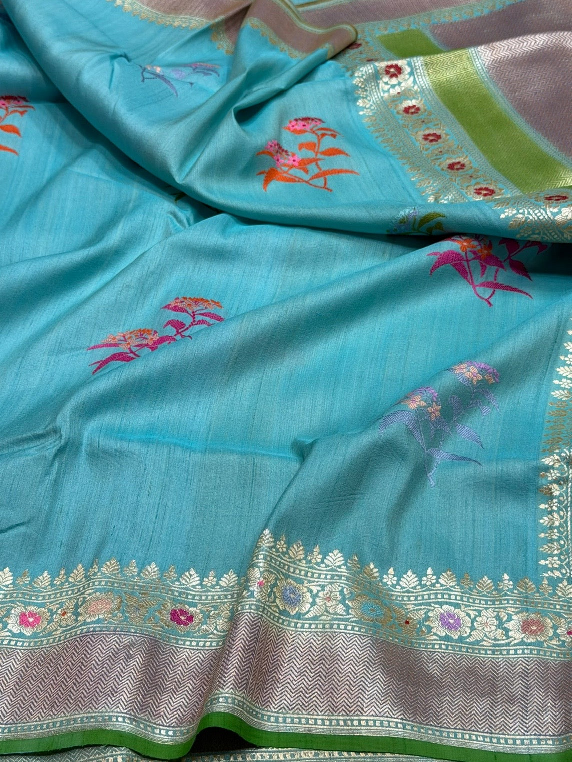 Sky Blue Handwoven Pure Tussar Georgette Saree