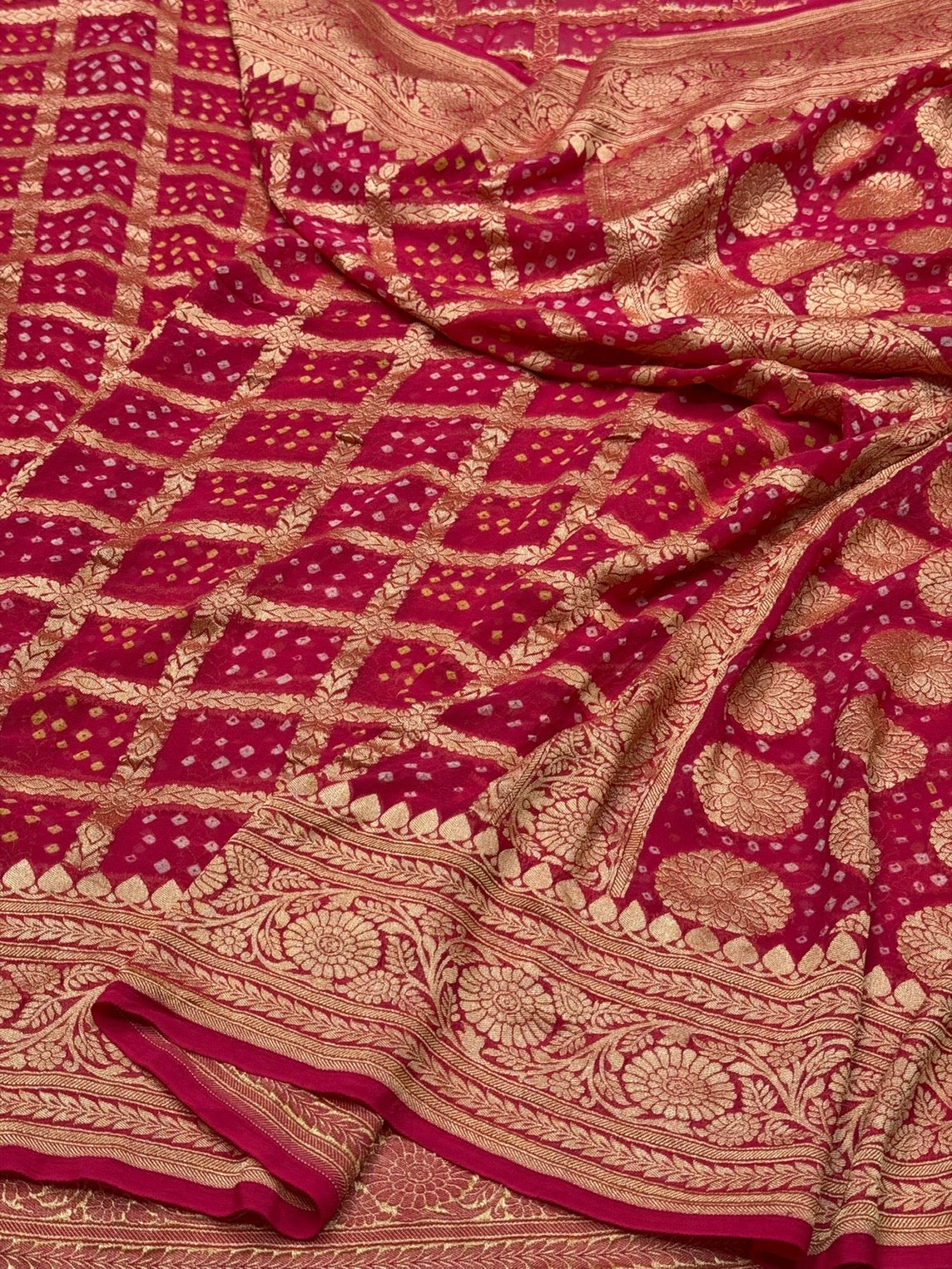 Orangish Pink Banarasi Pure Bandhej Georgette Saree – Luxury Cutwork Brocade Festive Saree