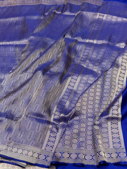 Navy Blue Handwoven Banarasi Satin Tanchoi Brocade Saree