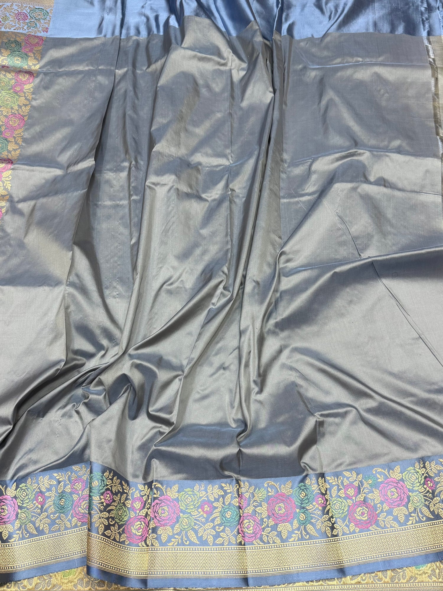 Ash Grey Handwoven Pure Banarasi Silk Saree in Kadwa Weave | Authentic Katan Mulberry Silk