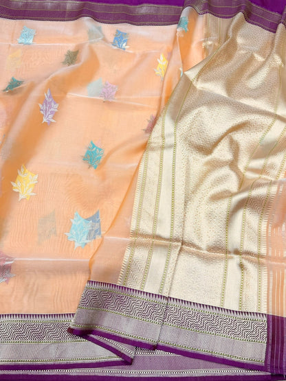 Pastel Peach Handwoven Pure Organza Silk Saree