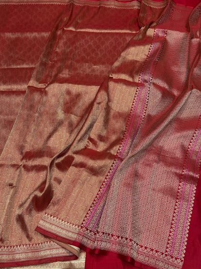 Red Handwoven Banarasi Satin Tanchoi Brocade Saree