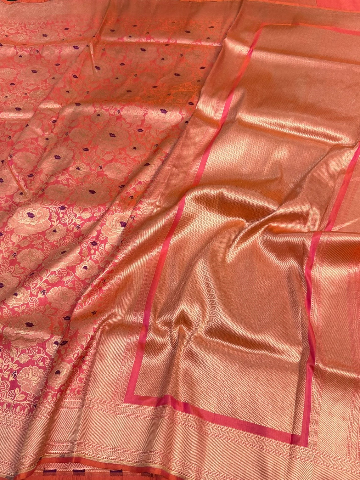 Orangish Pink Banarasi Minakari Pure Katan Silk Brocade Saree