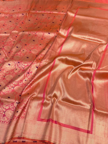 Orangish Pink Banarasi Minakari Pure Katan Silk Brocade Saree