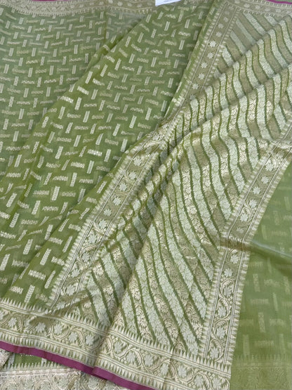 Green Pure Banarasi Kora Cotton Saree