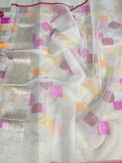 White Handwoven Pure Organza Silk Saree