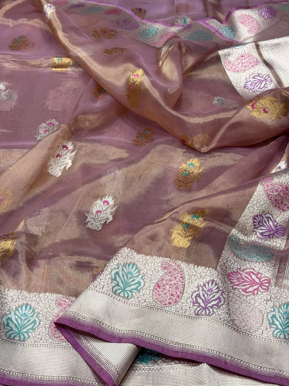 Magenta Pink Handwoven Pure Banarasi Kora Tissue Saree