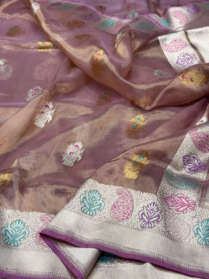 Magenta Pink Handwoven Pure Banarasi Kora Tissue Saree