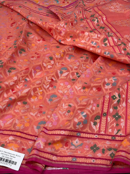 Peach Banarasi Pure Muslin Kora Jamdani Saree