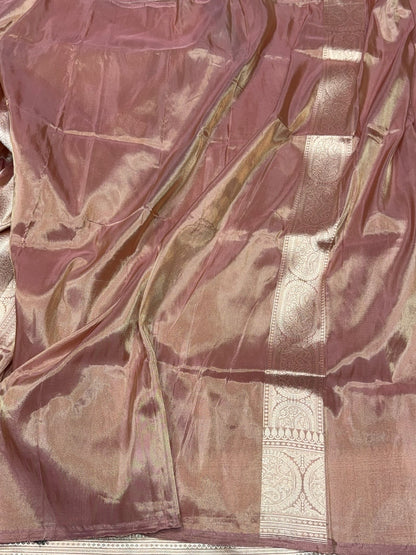 Rose Gold Pink Handwoven Pure Banarasi Tissue Silk Saree – Kadwa Weave | Lightweight Katan-Tissue Silk | Modern Skirt Design