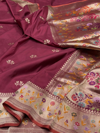 Wine Handwoven Pure Banarasi Silk Saree – Kadwa Katan Mulberry Silk | Authentic Banaras Handloom