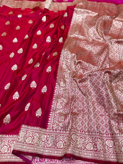 Red Handwoven Vintage Pure Banarasi Satin Silk Saree