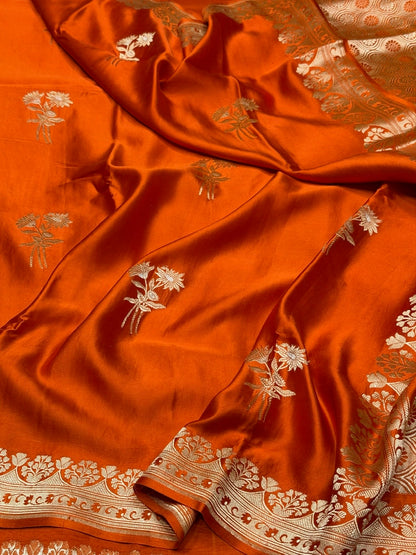 Orange Handwoven Pure Mashru Banarasi Satin Silk Saree
