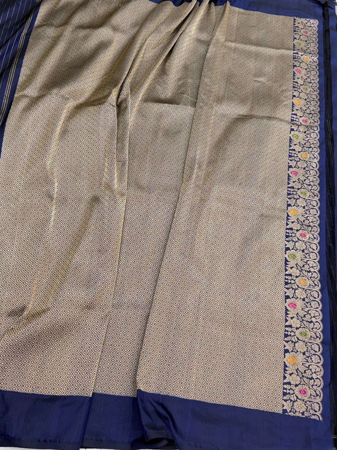 Navy Blue Handwoven Pure Banarasi Silk Saree | Pure Katan Silk | Kadwa Weave | HMR Handlooms