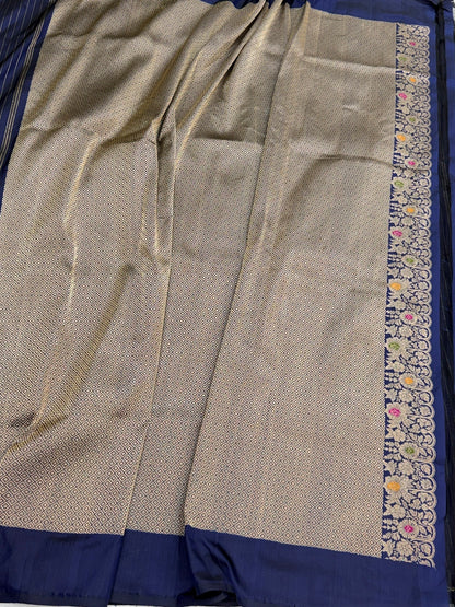 Navy Blue Handwoven Pure Banarasi Silk Saree | Pure Katan Silk | Kadwa Weave | HMR Handlooms
