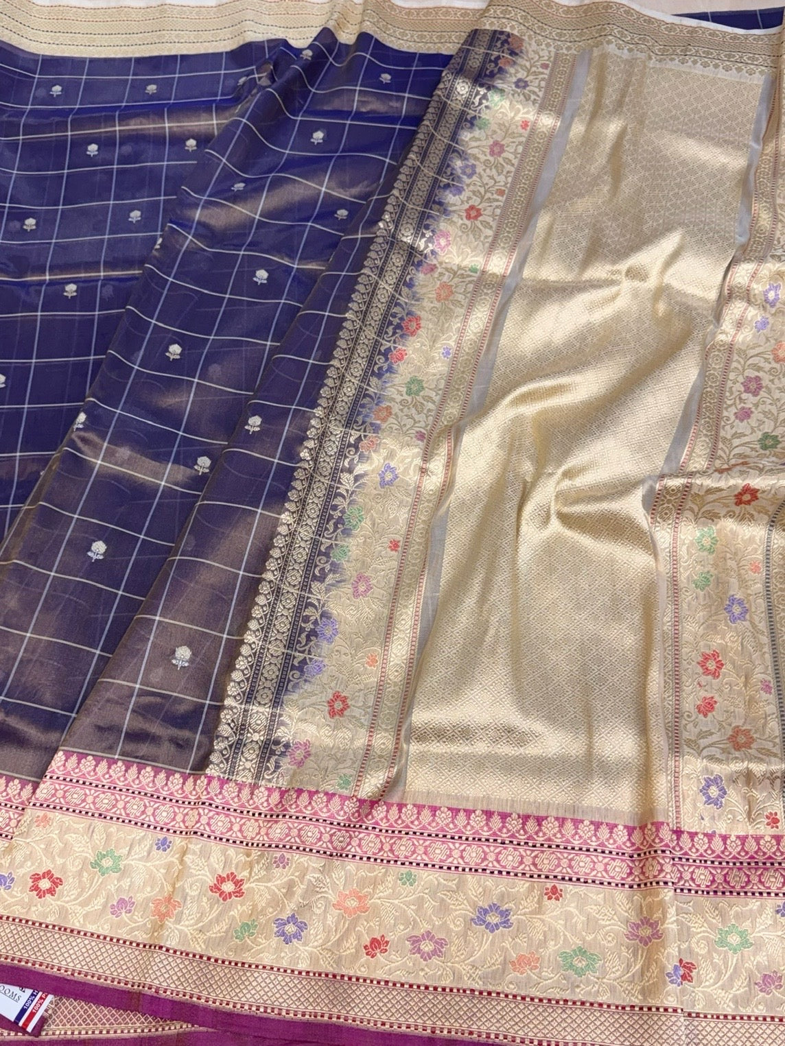 Navy Blue Handwoven Pure Banarasi Tissue Silk Saree