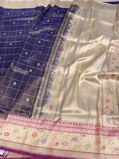Navy Blue Handwoven Pure Banarasi Tissue Silk Saree