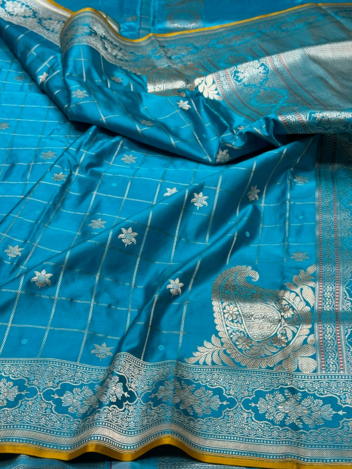 Sea Blue Handwoven Pure Banarasi Satin Silk Saree – Kadwa Weave | Authentic Banaras Handloom