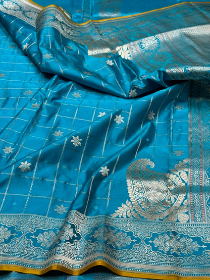 Sea Blue Handwoven Pure Banarasi Satin Silk Saree – Kadwa Weave | Authentic Banaras Handloom