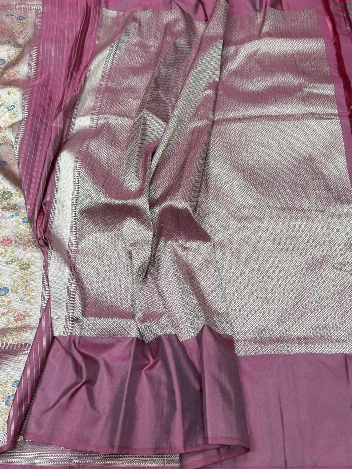 Ash Grey Handwoven Pure Banarasi Silk Saree – Kadwa Weave with Meenakari | Authentic Katan Mulberry Silk