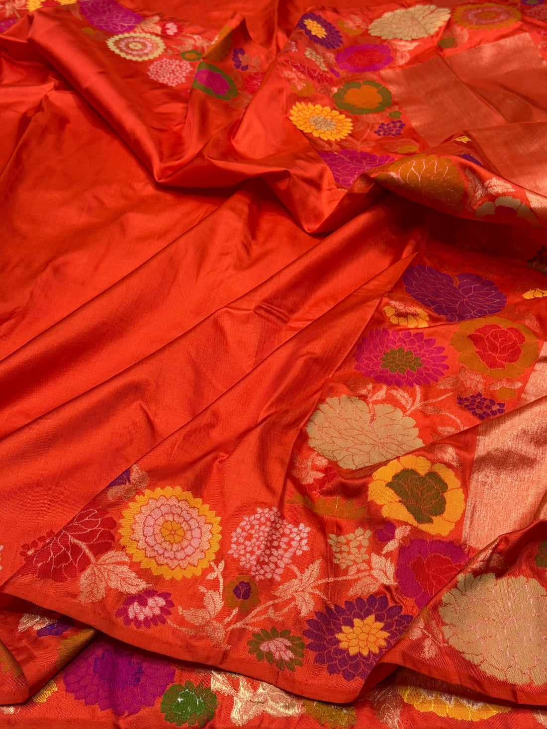Orange Pure Banarasi Ektara Silk Saree – Handwoven Kadwa Booti
