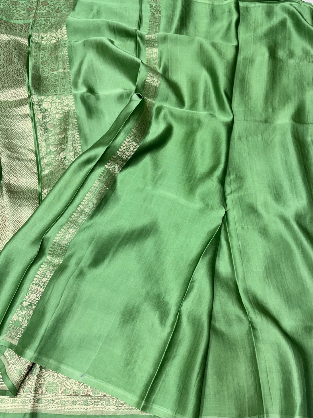 Parrot Green Handwoven Pure Mashru Banarasi Satin Silk Saree