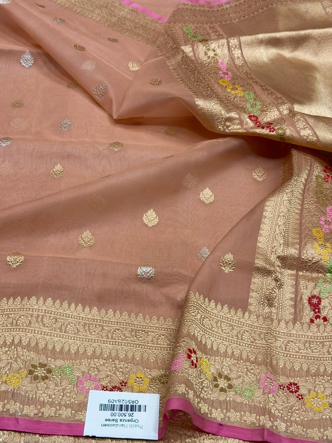 Peach Handwoven Pure Organza Silk Saree