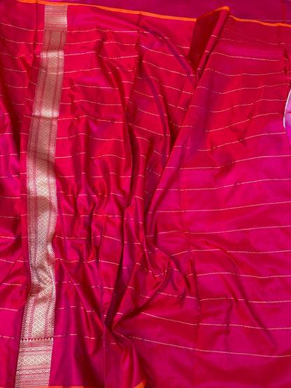 Red Handwoven Pure Banarasi Satin Silk Saree – Luxurious Satin Silk with Kadwa Weave
