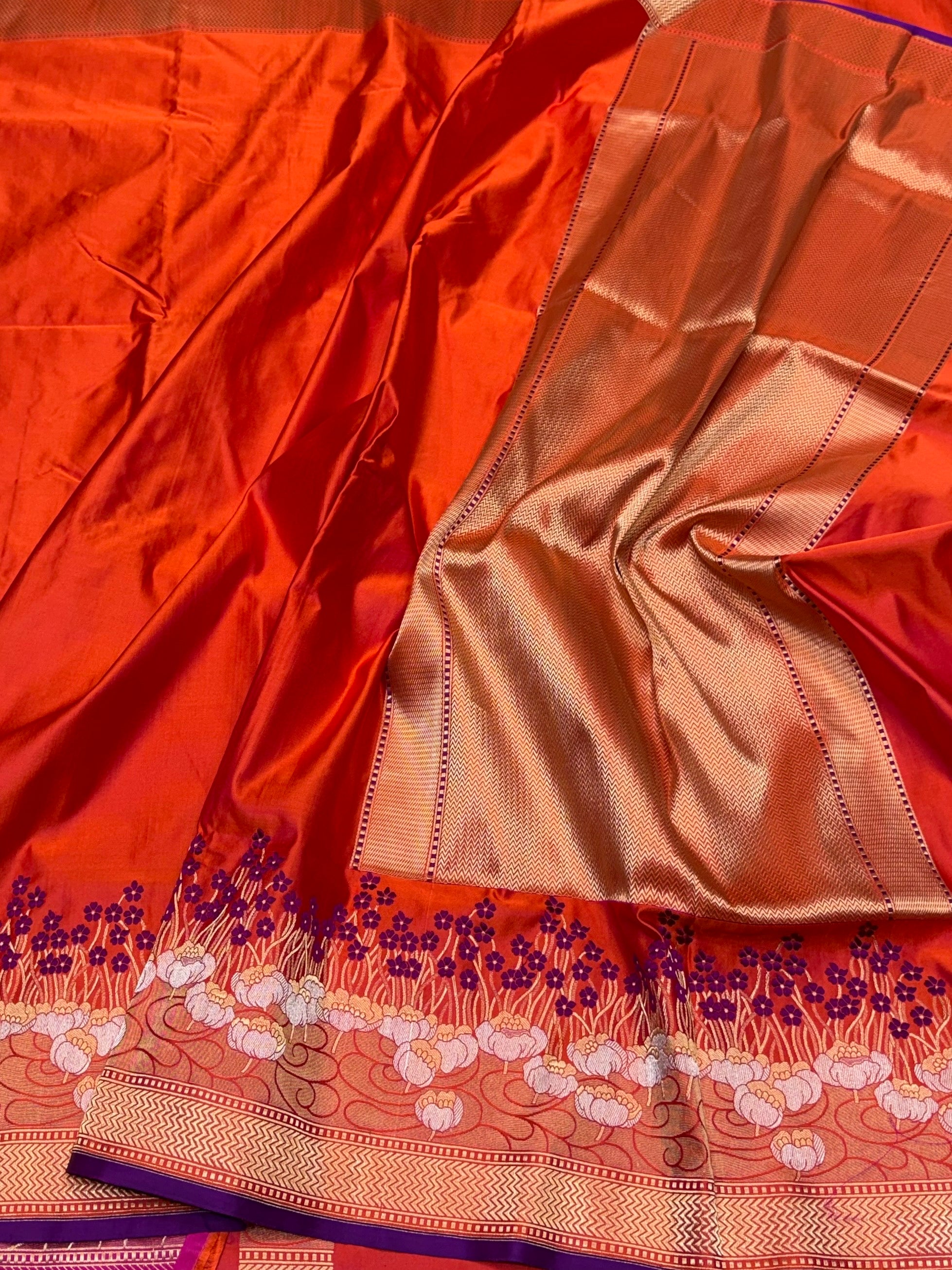 Orange Handwoven Pure Banarasi Satin Silk Saree – Kadwa Weave in 100% Satin Silk