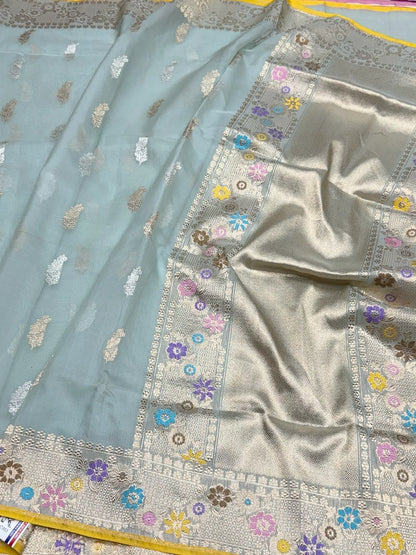 Ocean Blue Handwoven Banarasi Pure Organza Silk Saree