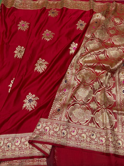 Red Handwoven Vintage Pure Banarasi Satin Silk Saree