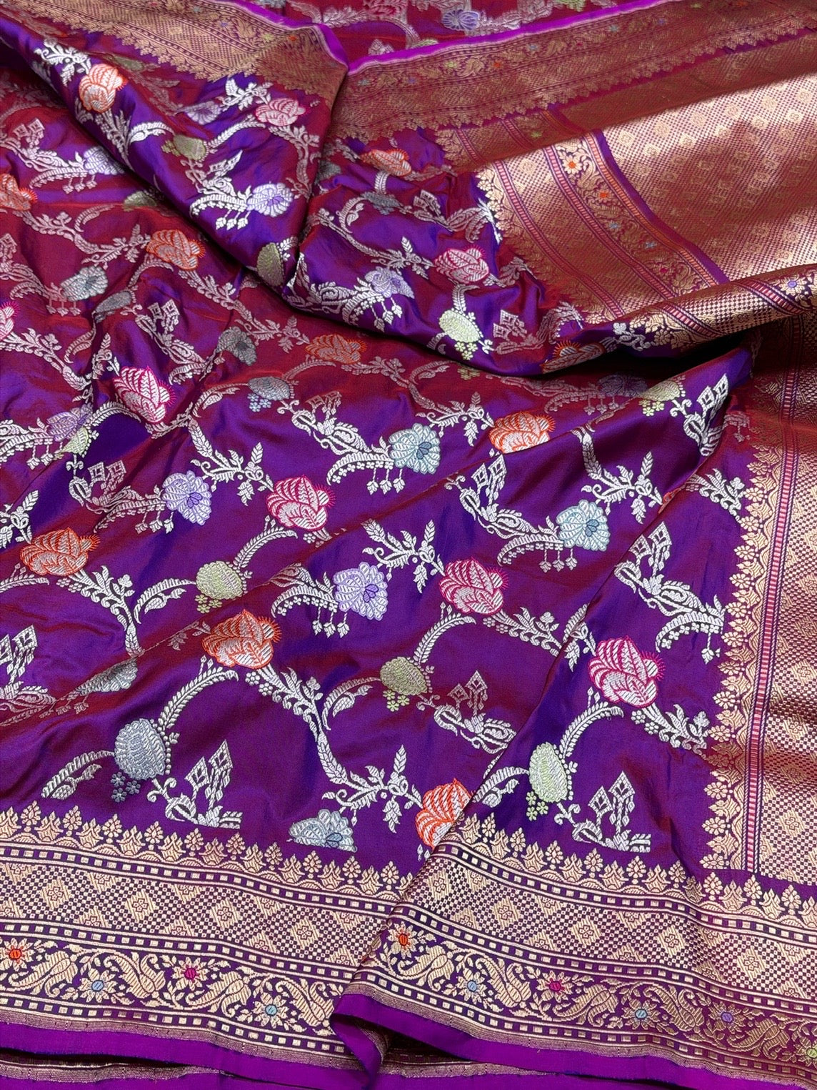 Purple Pink Handwoven Pure Banarasi Silk Saree in Kadwa Weave – 100% Katan Mulberry Silk