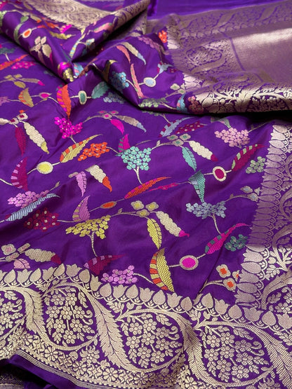Purple Handwoven Pure Banarasi Silk Saree – Kadwa Weave in 100% Katan Mulberry Silk