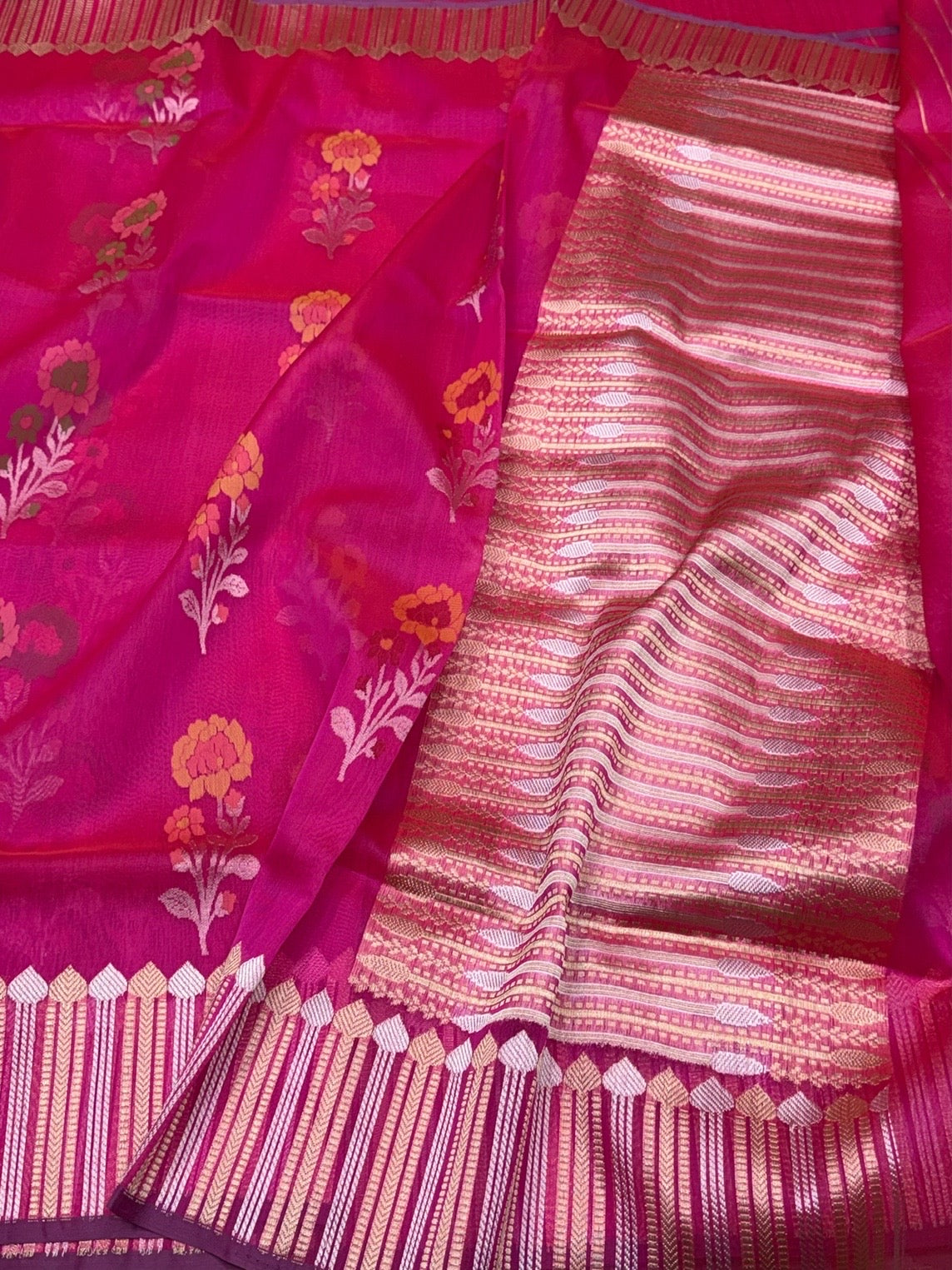 Rani Pink Handwoven Pure Organza Jamdani Saree