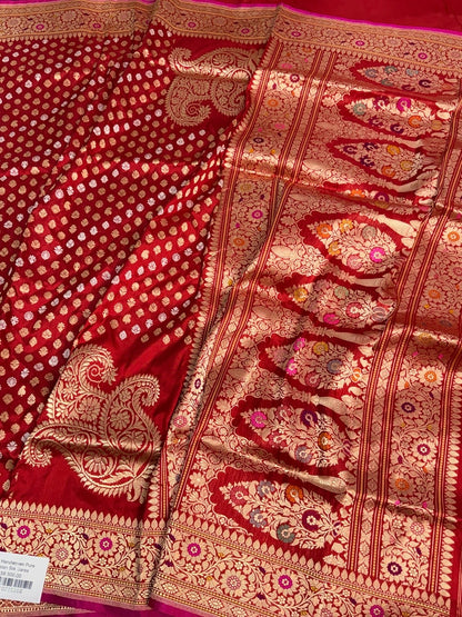 Red Handwoven Pure Banarasi Silk Saree in Kadwa Weave – 100% Katan Mulberry Silk