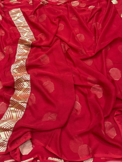 Red Banarasi Pure Chiffon Georgette Saree – Luxury Cutwork Brocade Festive Saree