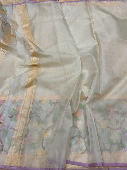 Ivory Handwoven Pure Kora Jamdani  Saree