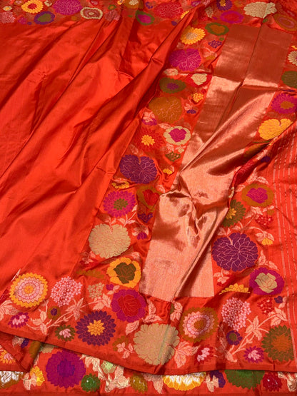 Orange Pure Banarasi Ektara Silk Saree – Handwoven Kadwa Booti