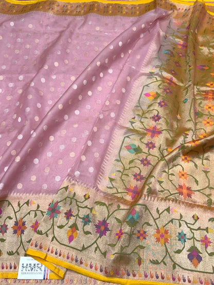Pink Handwoven Pure Banarasi Ektara Organza Silk Saree – Kadwa Weave Paithni Border in Kora Mulberry Silk