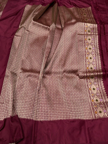 Deep Maroon Handwoven Pure Banarasi Ektara Silk Saree – Luxury Kadwa Weave