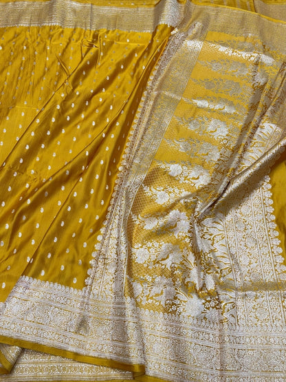 Yellow Vintage Banarasi Pure Satin Silk Brocade Saree – Luxury Cutwork Wedding &amp; Festive Saree