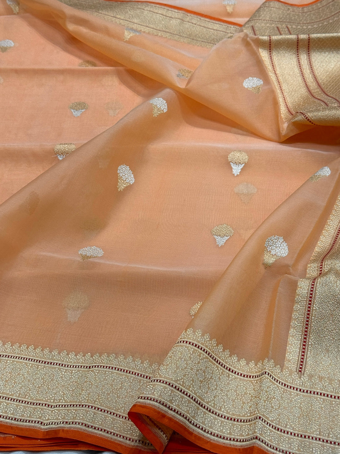 Peach Orange Handwoven Pure Organza Silk Saree