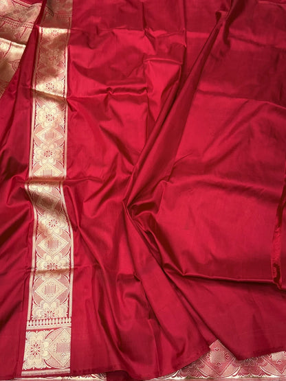 Red Handwoven Pure Banarasi Silk Saree – Katan Silk, Kadwa Weave &amp; Elegant Traditional Border
