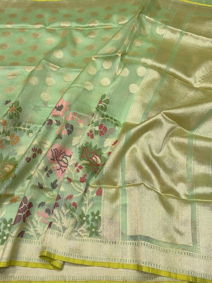 Pista Handwoven Pure Banarasi Organza Silk Saree