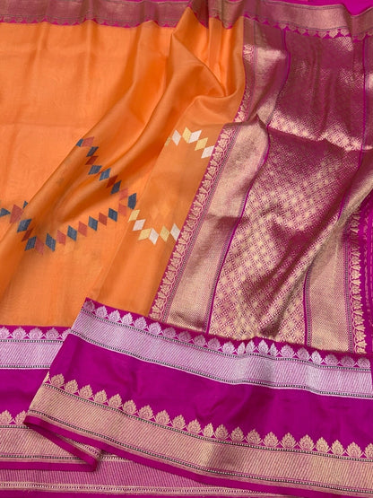 Orange Handwoven Pure Organza Silk Saree