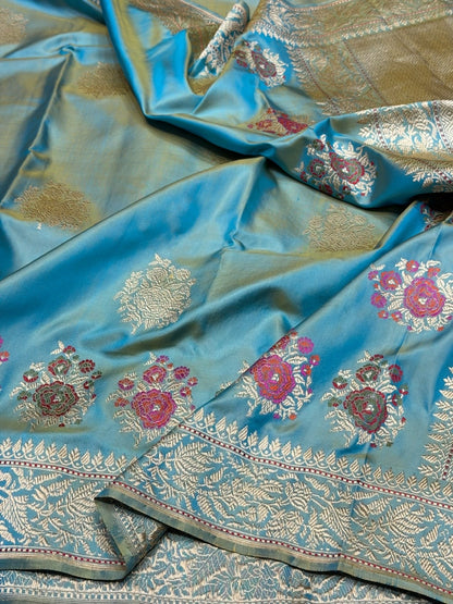 Sea Blue Handwoven Pure Banarasi Ektara Silk Saree