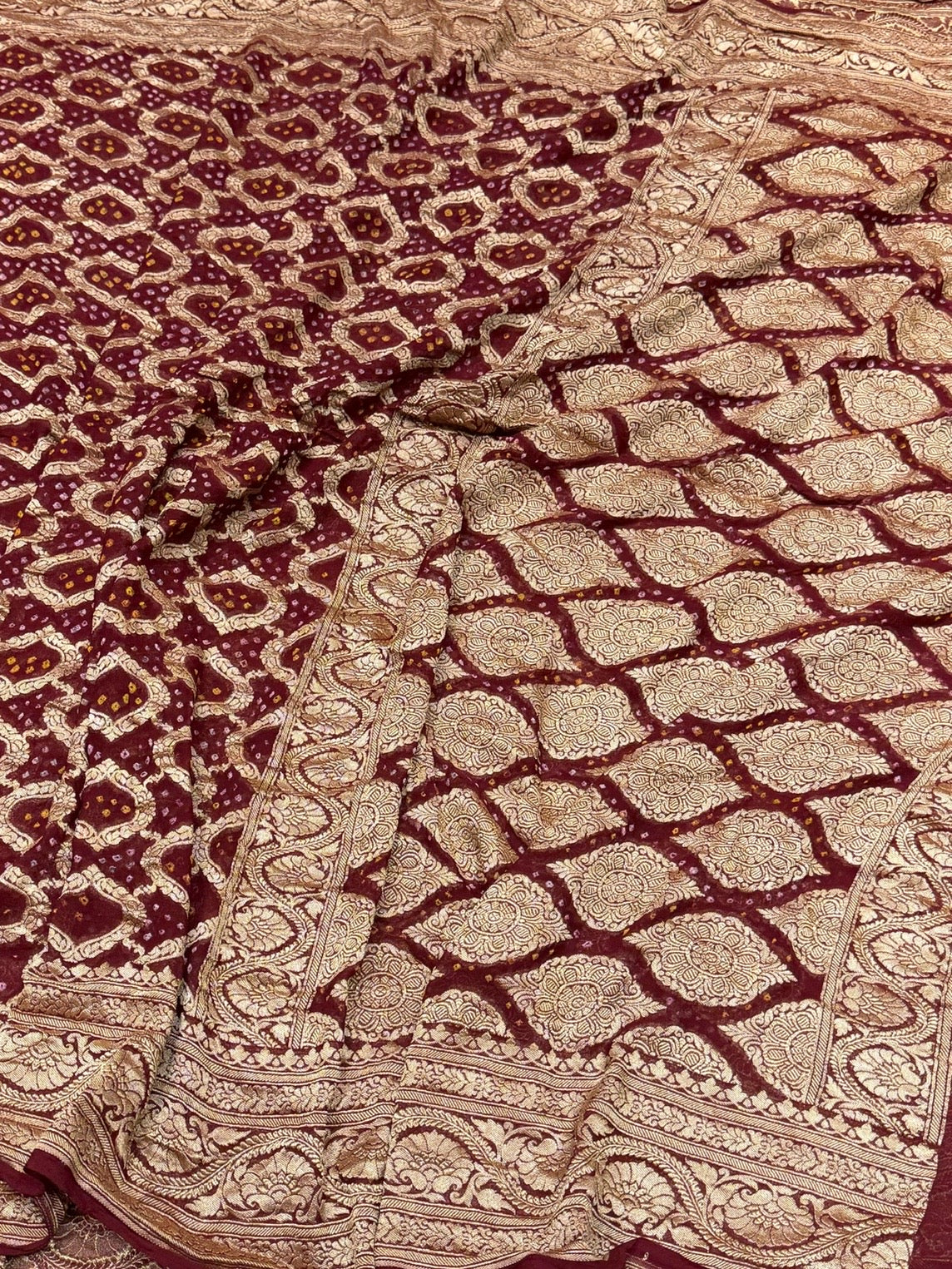 Wine Banarasi Pure Bandhej Georgette Saree – Luxury Cutwork Brocade Festive Saree