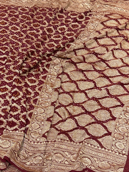 Wine Banarasi Pure Bandhej Georgette Saree – Luxury Cutwork Brocade Festive Saree
